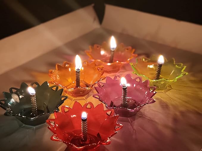 Colorful 3D Reflective Flower Diyas for Diwali Decoration, Multicolor, Reusable