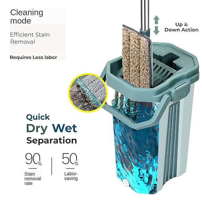 360° Flat Spin Mop with Hands-Free Squeeze Bucket & Microfiber Pads - Green