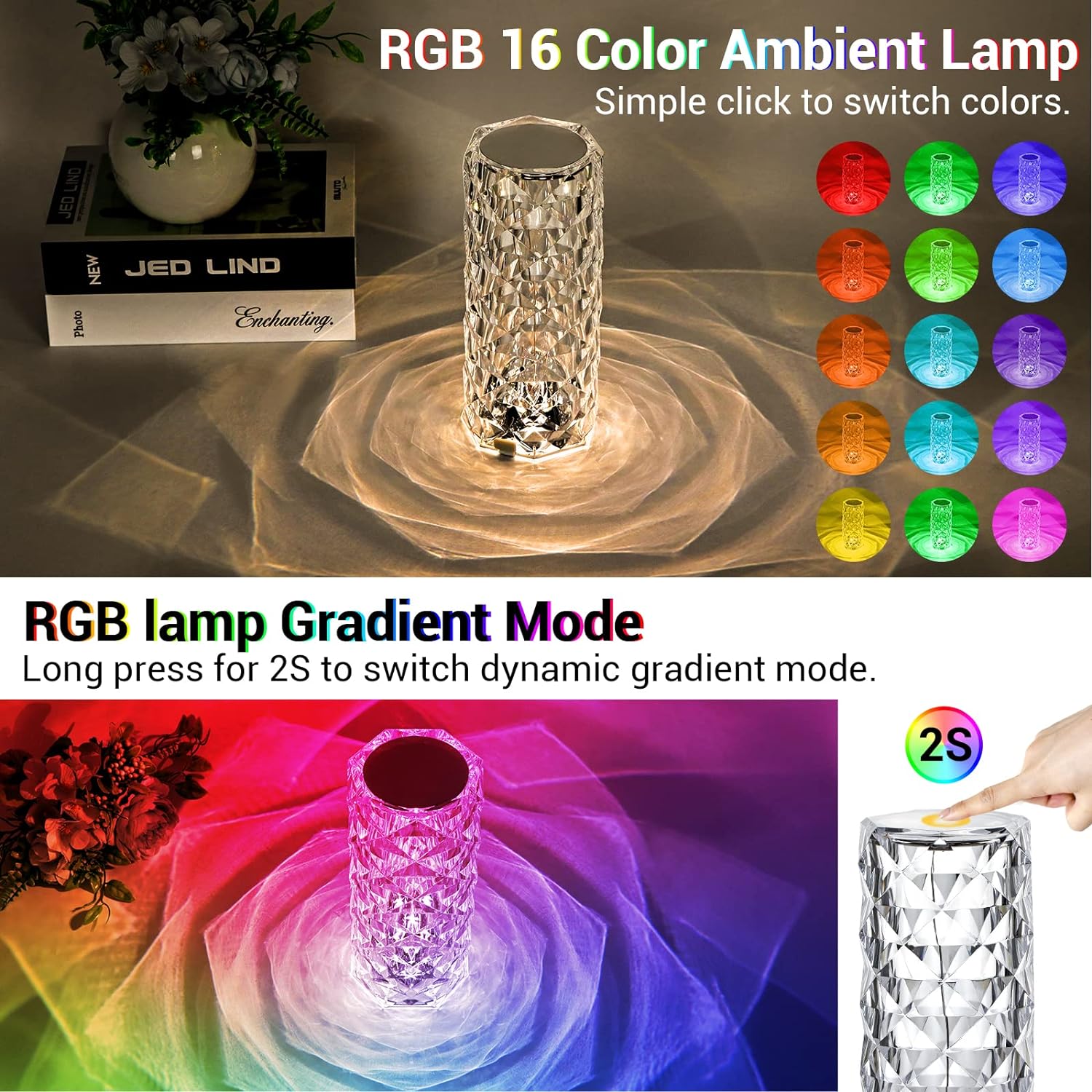 Touch Control RGB Crystal Rose Lamp